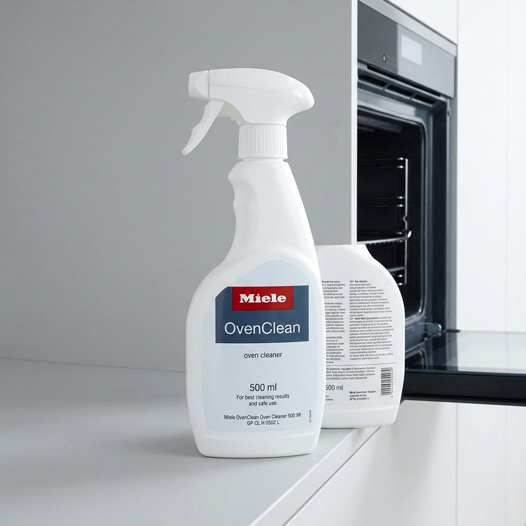 Miele OvenClean 500 ml oven cleaner spray bottle beside an open oven